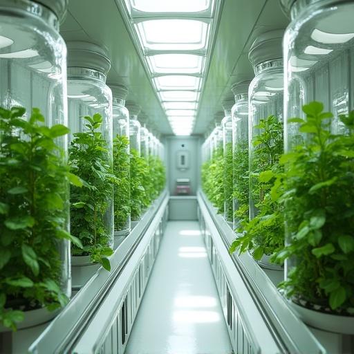 Hydroponic plants grow inside a rocket cabin with a sleek and modern design. The plants are inside glass tubes arranged neatly. The interior features white and silver colors. Filtered sunlight brightens the space creating a vibrant atmosphere.