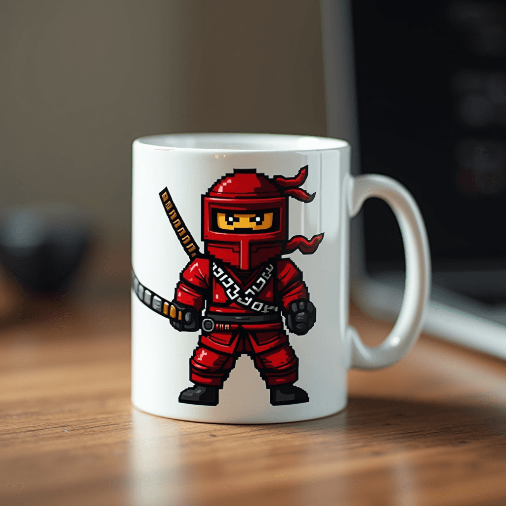 The image features a white ceramic mug with a pixel art design of a ninja character. The ninja is predominantly red, with a black face mask and yellow eyes, holding a katana. The design is reminiscent of retro video game graphics, giving it a playful and nostalgic feel. The mug is placed on a wooden surface, with a blurred background suggesting a casual indoor setting.