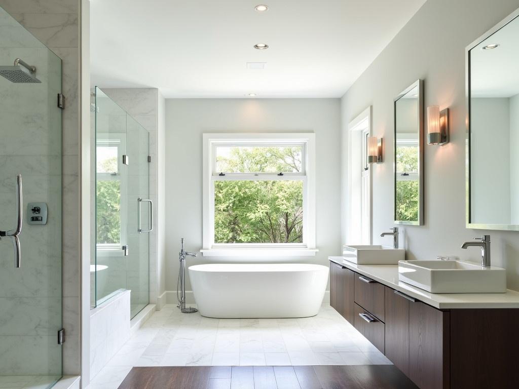 Create a bright and modern bathroom interior. Include a large freestanding bathtub, set against a window that allows natural light to flood in. Feature a double vanity with clean, sleek lines and two square sinks, each with chrome faucets. Add elegant mirrors above the sinks that reflect the contemporary design of the room. The walls should be light-colored to enhance the brightness, and the flooring should be a mix of light tiles and dark wood for contrast. Ensure the shower area is glass-enclosed, and provide ample storage space in minimalist cabinets.