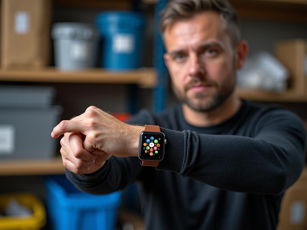 The image features a man holding out his wrist, showcasing a smartwatch on his arm. The smartwatch displays a colorful digital interface, likely with various apps and notifications visible. He is wearing a long-sleeve dark shirt, indicating an interest in casual or work wear. In the background, there are several containers and a box, suggesting a workshop or storage environment. The composition implies a focus on the smartwatch, highlighting its design and display.