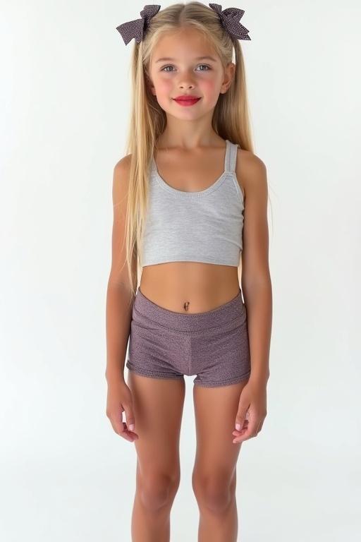 A girl with long straight blonde hair and hair bows wearing a crop top with a character design and lycra shorts is standing in front of a white background. Her legs are slim and toned. She has bright eyes and vibrant red lips. Tanned skin enhances her features. She shows a confident expression.