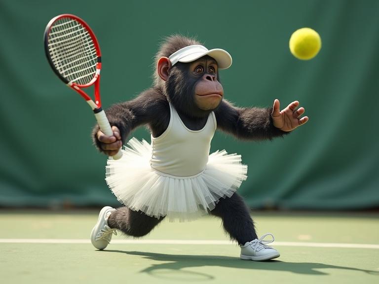 Cute whimsical gorilla in white tutu tennis outfit reaching to hit the ball with a funny expression. Exaggerated reach and sweat depicted as she runs on tennis court.