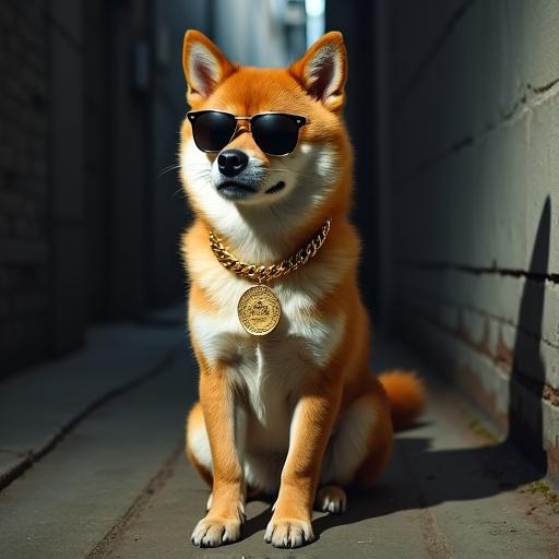 A Shiba Inu dog with a gold Cuban chain sits in an alleyway. Sunglasses give a mobster vibe. A Shiba Inu coin logo appears on the wall behind.