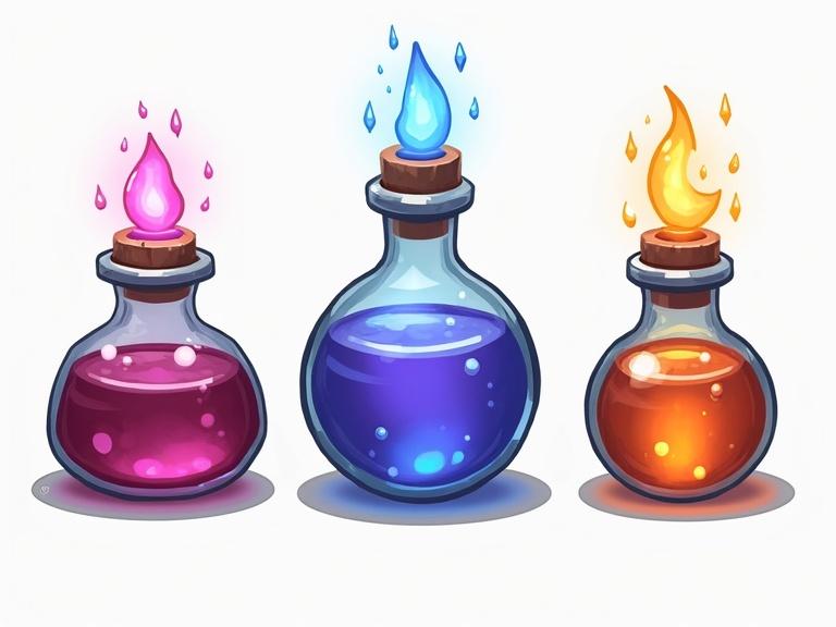 Icon of three distinct magic potions for a card game. Each potion has a unique color and flame effect on top. Style resembles fantasy games with a transparent background.