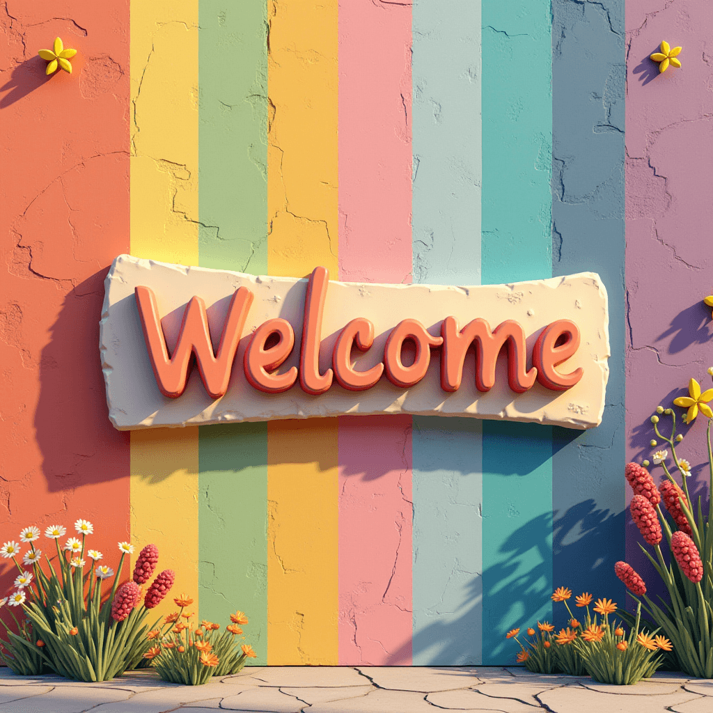 A colorful wall with a 'Welcome' sign and decorative flowers at the base.