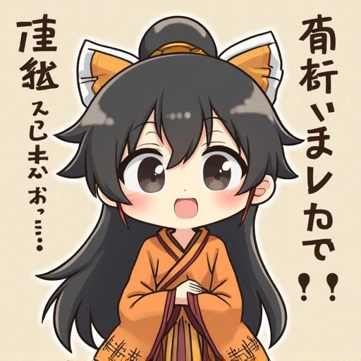 A cute anime character with long black hair wearing traditional Japanese clothing. She has big eyes and a cheerful expression. The background is simple.