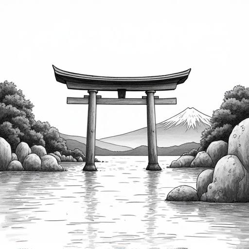 Grand Torii gate partially submerged in water with Mount Fuji in background. Scenic view with stylized rocks and trees on shore. Water depicted with wavy lines. Clear and well-composed drawing of a Japanese landscape.