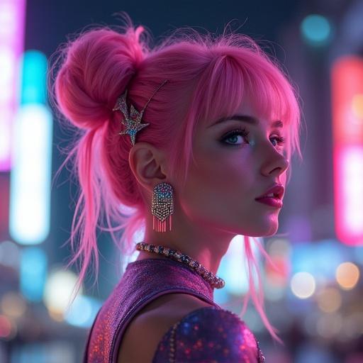 Cotton candy pink hair styled into space buns. Holographic ear chains reflecting city lights. Vibrant, futuristic aesthetic with a cyberpunk vibe.