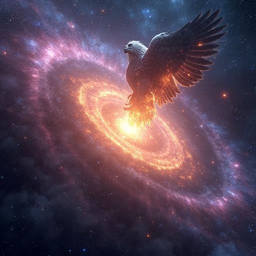 Cosmic landscape with bright nebulas and ethereal spiral constellations. A massive galactic explosion gives birth to a mystical creature, a griffin of pure energy. The griffin, with extended wings made of incandescent gases and liquid light feathers, emerges from stellar dust clouds. Body features lion and eagle traits with eyes shining like supernovas. Galaxies curve around it, comets leaving golden and blue trails. Environment evokes magic, ancient power, and supernatural beauty with a palette of purples, golds, electric blues, and stellar whites. Digital art in epic, fantastical style, high definition with realistic astronomical details and surreal touches.