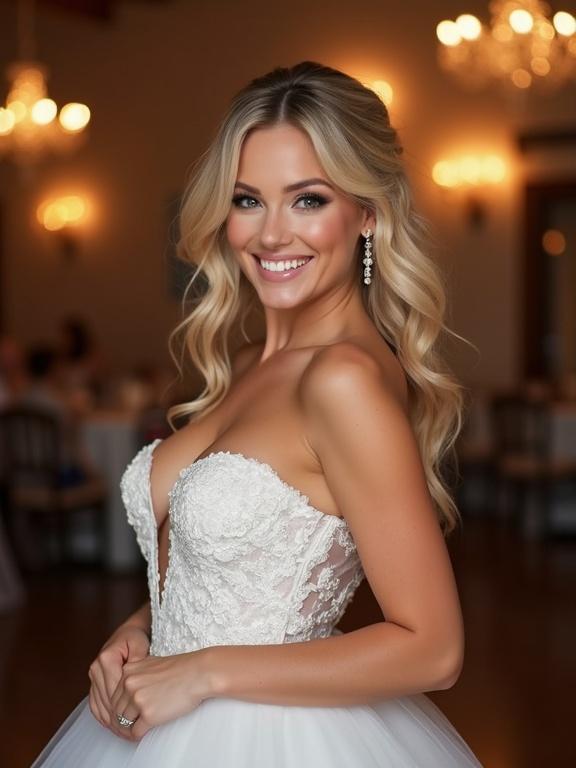 Bride in a beautiful wedding dress. Smiling with a flirty and sultry expression. Curvy figure highlighted. Blonde hair styled elegantly. Showcasing neckline and bridal beauty.