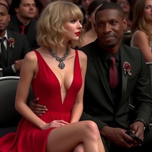 Photorealistic image showing an attractive woman in a red dress sitting with her boyfriend at an awards show. She has a bob hairstyle and deep cleavage. The boyfriend is holding her close. They are in the front row of the event.