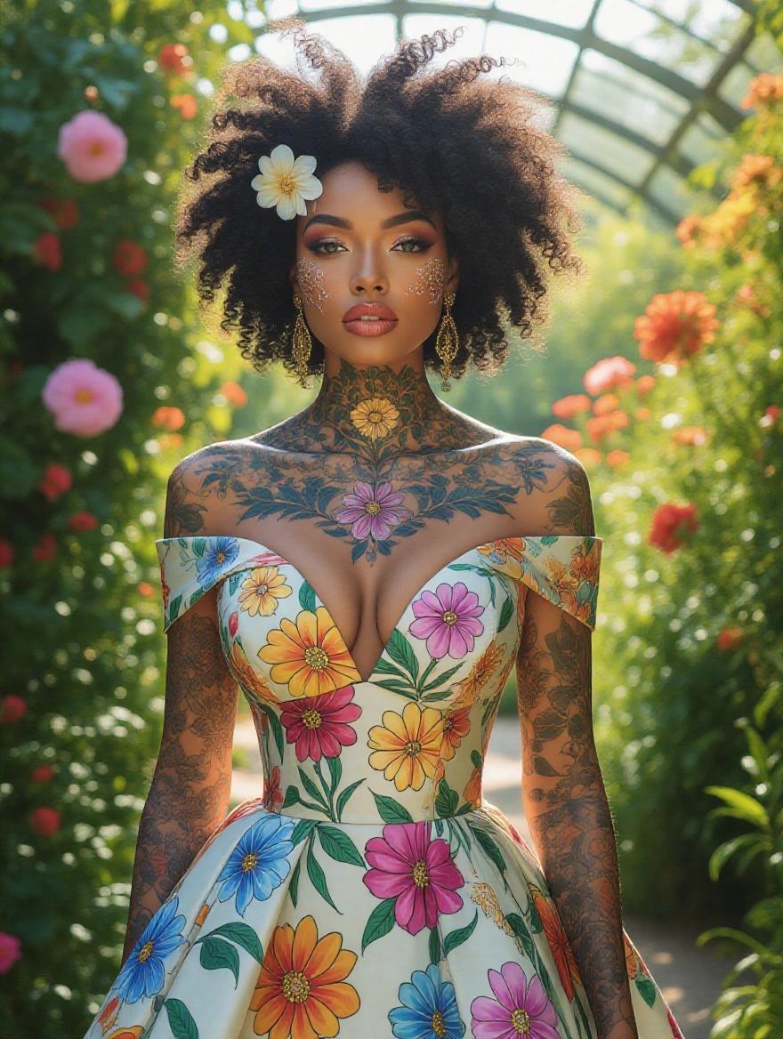 Stunning image of a big-chested afro-american woman with intricate floral tattoos in a sunlit garden. Her face adorned with delicate patterns that mirror nearby flowers. The couture gown inspired by vibrant colors and global patterns. Emotionally resonant scene with hyperrealistic details.