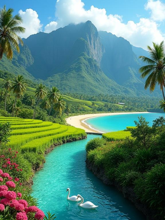 Vibrant idyllic tropical landscape. Winding stream with clear water. Two white swans swimming. Bright pink and red flowering plants. Terraced rice fields with intense green. Curved golden-sand beach along turquoise bay. Palm trees on coastline. Jagged mountains in background. Bright blue sky with fluffy white clouds. Perfect arrangement of elements suggest digital enhancement.