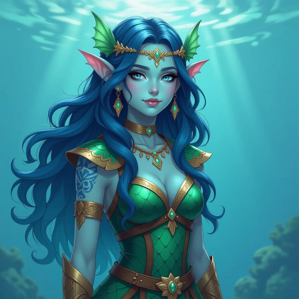 A young female Triton Druid character designed for a fantasy setting. Dark blue and green hair flows around her shoulders. Skin has a light blue hue with fish-like features. She wears an ornate outfit inspired by Greek style. The background conveys an underwater atmosphere with soft lighting.