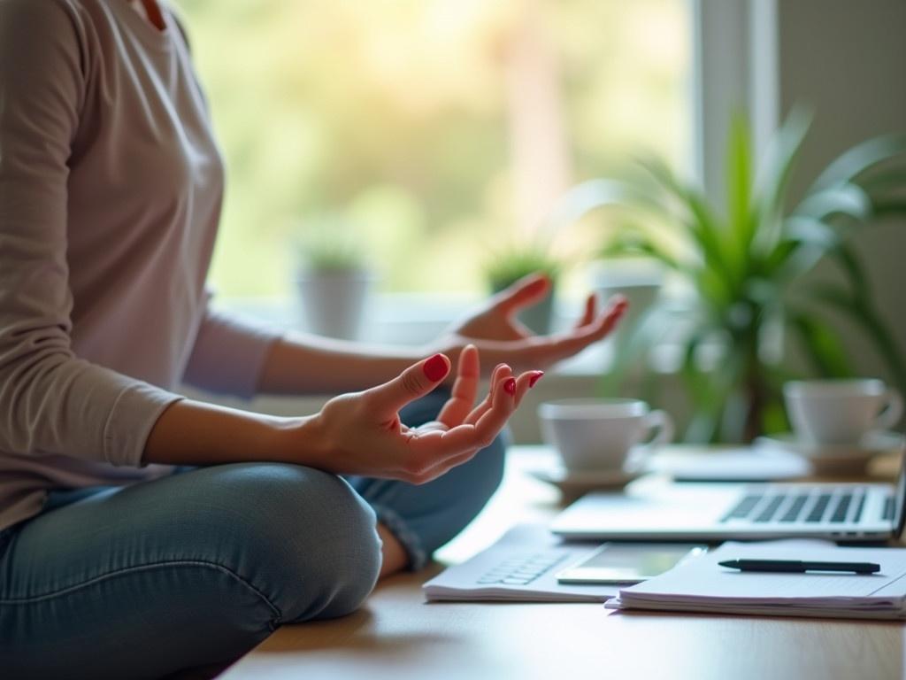 In a serene office environment, a woman practices meditation to alleviate work stress. Her hands are positioned in a calming gesture, symbolizing relaxation and mindfulness. The setting includes a neat desk with a laptop, documents, and a cup of coffee in the background, suggesting a busy work life. The focus is on her hands, showcasing the tranquility amidst workplace chaos. This image encapsulates the concept of finding peace through meditation during a hectic workday.