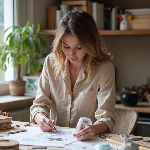 Interior designer working diligently on design sketches at a cozy workspace with natural elements. A plant in the background adds a touch of nature to the creative environment.