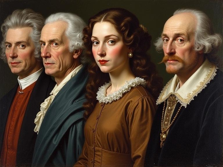 Group of four figures standing side by side. Elegant clothing worn by important historical personalities from Europe. Intricate details on garments and hairstyles characteristic of the 18th century.