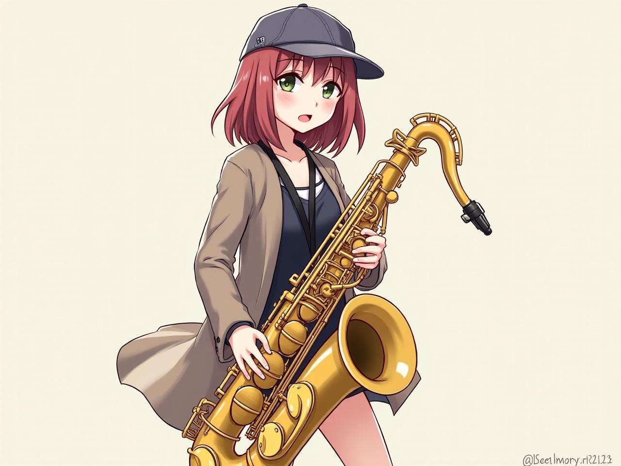 This image depicts an anime-style character holding a large saxophone. The character has red hair, bright eyes, and is dressed casually in a cap and jacket. The vibrant colors and expressive features convey a sense of youthful energy and musical passion.