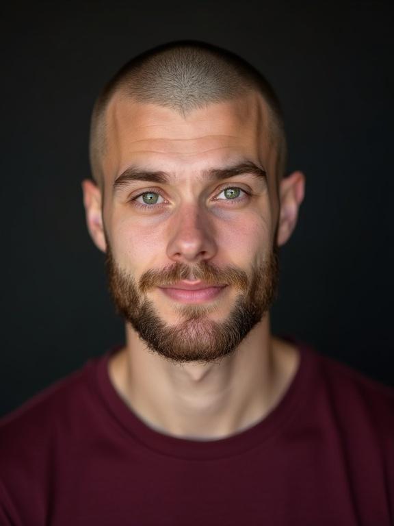Studio portrait photograph captures German young man with bright green eyes closely shaved head and shaved beard. He wears deep burgundy t-shirt complementing good complexion.