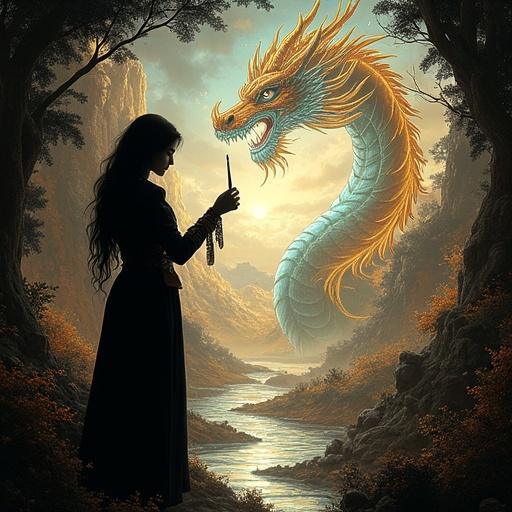 Dimly lit room with a silhouette of a mage-woman. She has black hair and wears a leather doublet with high canvas boots. Looks into a hologram shown by a modernized tube on her glove. Casts a wind spell over a unique sheet with intertwined optics creating patterns. Draws with grace, strokes pulse with life. Majestic scenes emerge from the ink with a flowing river as the background. Etched images include a tiger, a guard, a spaceship, a dragon, a messenger, and mystical dolls.