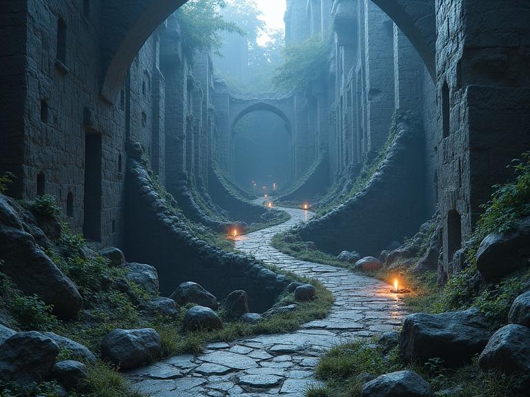 A mystical labyrinth with intricate stone walls and winding paths. The scene blends cyberpunk and fantasy elements inside a vibrant digital art style. Atmospheric lighting enhances the ambiance.