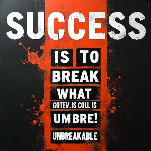 Bold gritty composition with the word SUCCESS in white. Below, a vertical stack of text blocks creates a central pillar. Text reads IS TO BREAK. Black panels frame phrases like WHAT WE KNOW IS unbreakable. Background is dark with reddish-orange splatters.