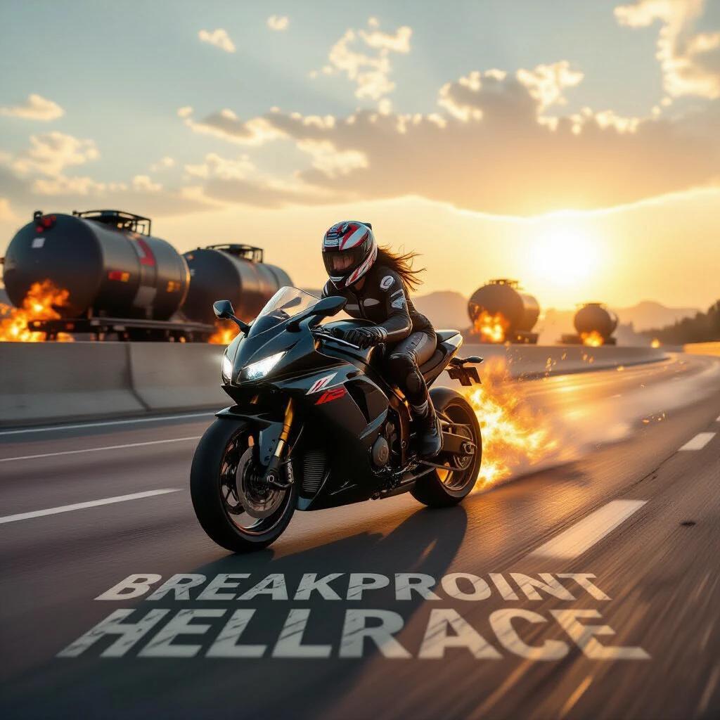 Hailee Steinfeld rides a superbike at high speed on a freeway. Tankers explode in the background. Fireball leaps through the air. Warm golden hour light creates dramatic visuals. Title visually integrated with road texture.