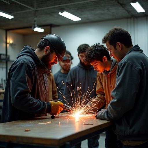 Group of adult students gather around a metalworking bench in a welding workshop. An instructor is performing arc welding while students observe. Sparks are visible from the welding process. Everyone wears protective equipment including traditional welding helmets, gloves, and aprons. The workshop is well-equipped with metalworking tools and features bright overhead lighting. Several students form a semicircle around the actively welding instructor. The focus is sharp, representing a documentary style in an institutional indoor setting.
