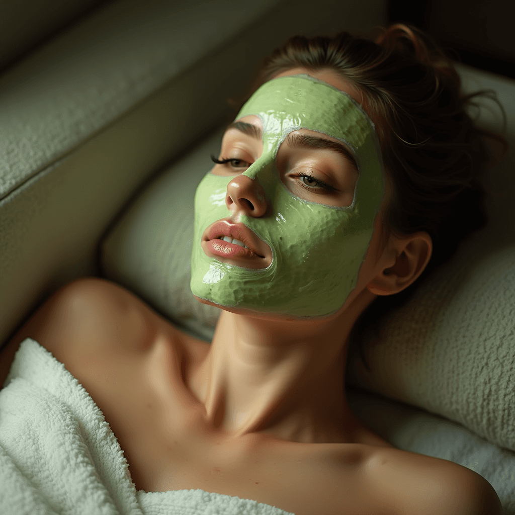 A person is relaxing with a green face mask, lying down, and wrapped in a towel.