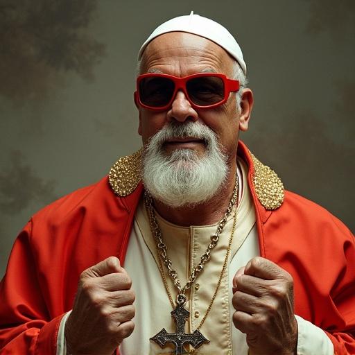 Pope in red robes with gold accessories. Strong demeanor. Religious attributes visible. Blurred face for anonymity.