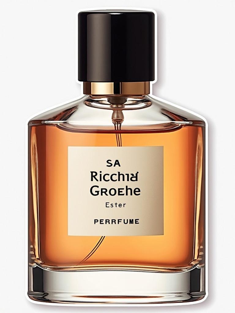 Image of a luxurious perfume bottle with a rich amber liquid inside. The bottle features a sophisticated design with a black cap and a minimalistic label. The label shows the brand name Ricchard Groehe and the word 'Ester' prominently displayed. The setting emphasizes elegance and premium quality.