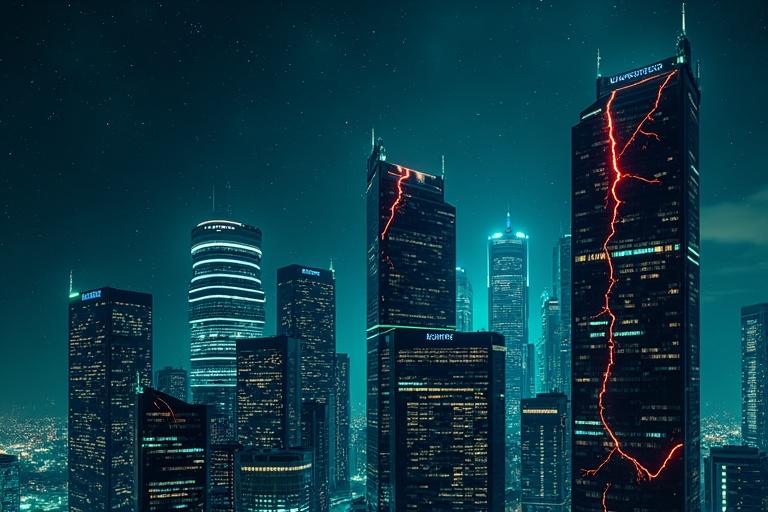 Futuristic cityscape at night with towering corporate buildings. Buildings have red cracks and glowing digital lines. Dark blue starry background enhances the scene. Represents decentralization visually.