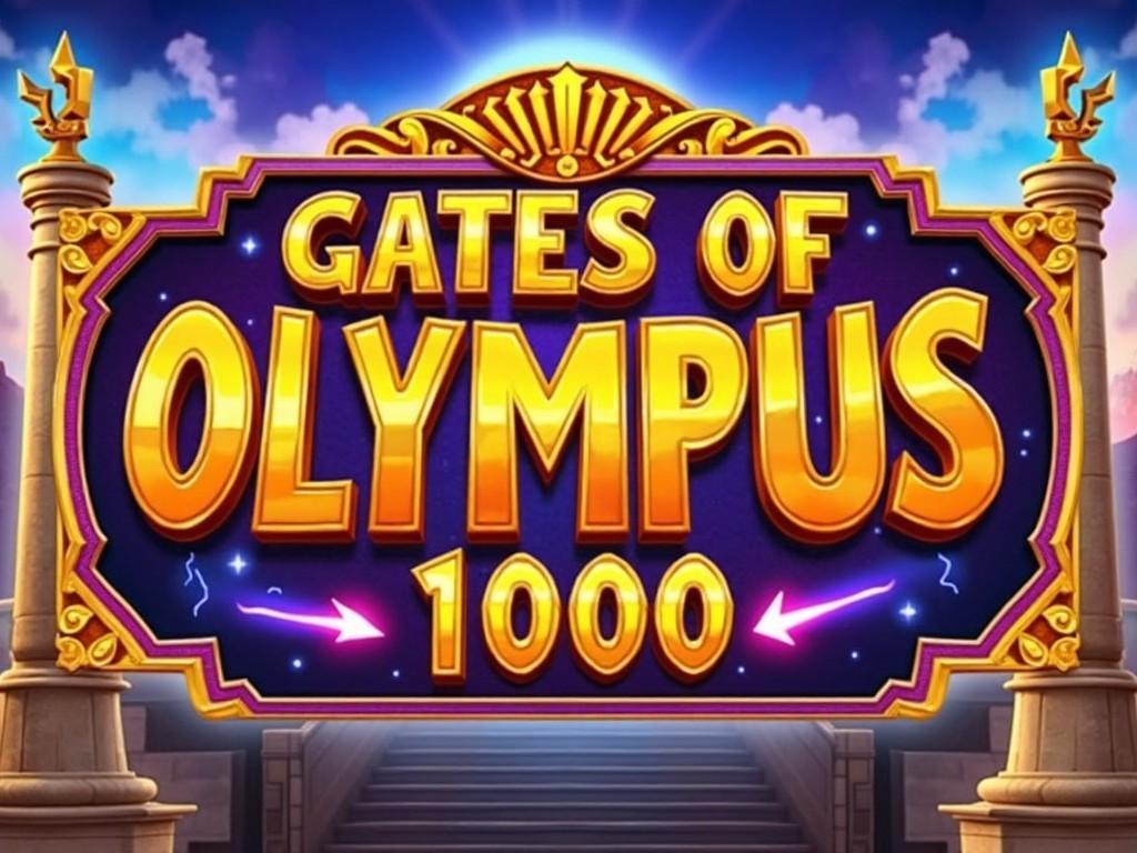 The image features a vibrant and colorful sign for a slot game called 'Gates of Olympus 1000'. It is set against a fantastical backdrop that evokes themes of Greek mythology. The title is prominently displayed in bold, golden letters that have a glowing effect, drawing attention immediately. The color palette features rich purples and blues, complemented by bright gold. The overall design is inviting for gamers, suggesting excitement and adventure.