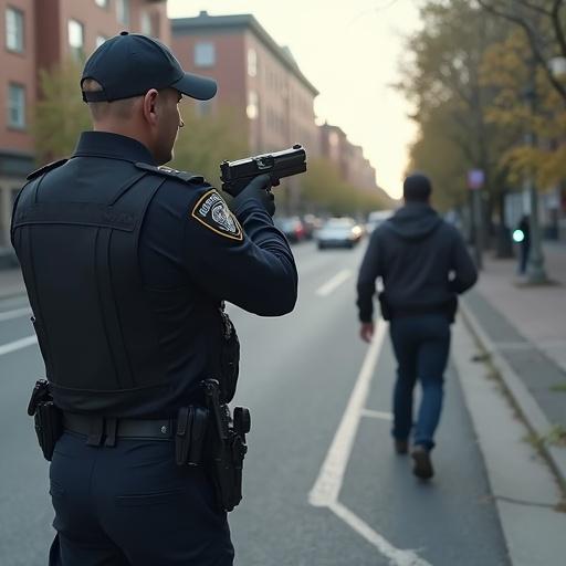 The scene depicts a police officer aiming a firearm towards a suspect. The suspect is walking away along a city street. The officer is positioned slightly off-center in the foreground. The setting is urban with residential buildings lining the street. The time of day appears to be evening with soft lighting.