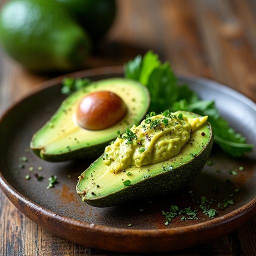 Plate of sliced avocado with dark skin on a wooden table garnished with herbs and spices