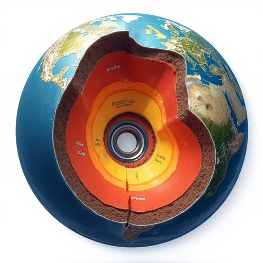 High-quality cut-out illustration of Earth showing internal layers. Crust mantle outer core inner core depicted. Inner core designed as shiny metallic car part. Clean cross-section with transitions for each layer. Semi-realistic style for educational use. Bright clear background.