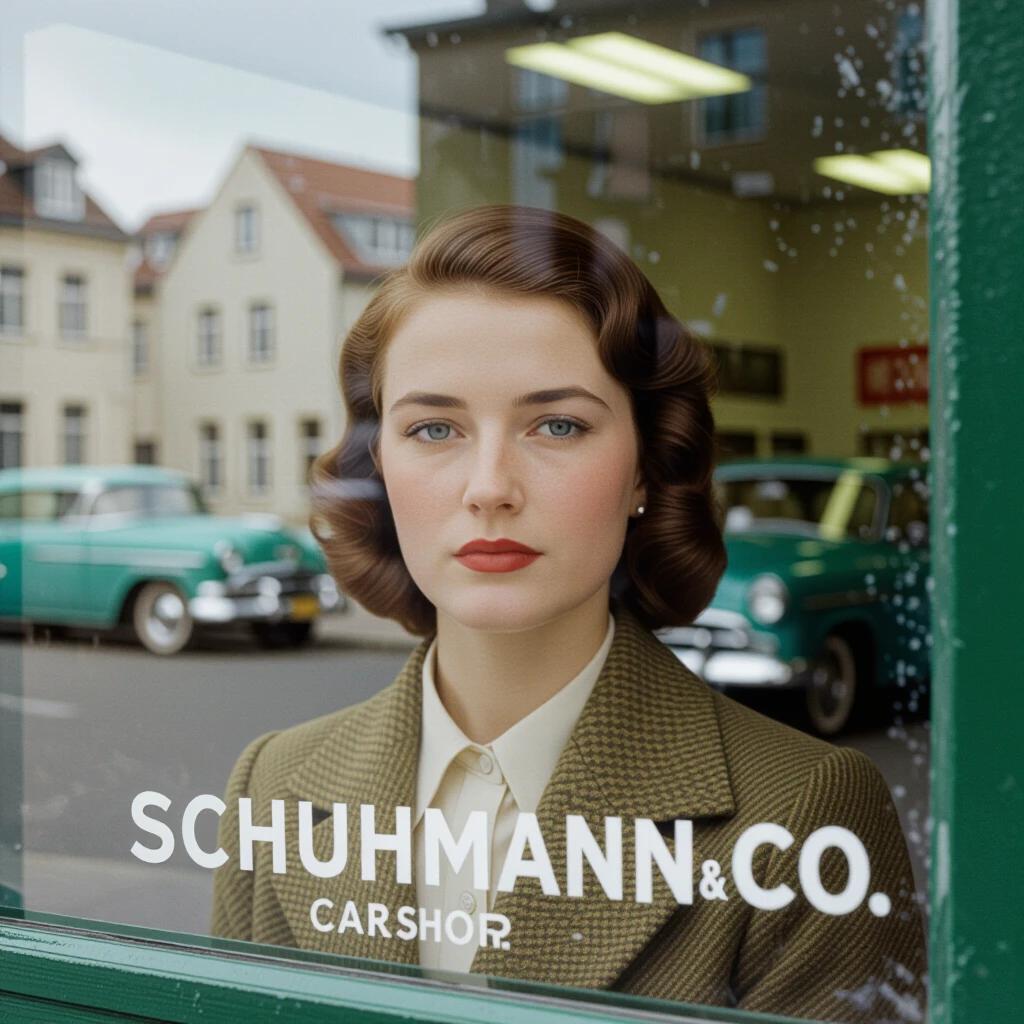 Image of a storefront for Schuhmann & Co. Cars. Vintage cars visible in background. Photograph taken through glass. Focus shift artifacts present. Atmospheric condensation streaks seen. Relaxed posture conveys pre-war tension. Mirror frame crops forehead. Slight overexposure creates highlights.