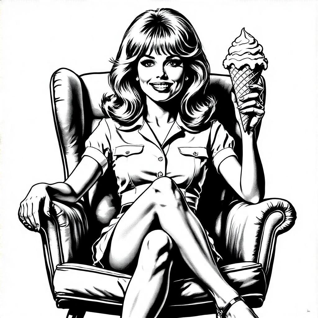 Playful black and white illustration of a cheerful waitress sitting in a stylish chair. She holds an ice cream cone with a smile. Features stylish seventies attire and roller skates. The scene includes retro diner elements and high-contrast line work. Perfect for a coloring page.