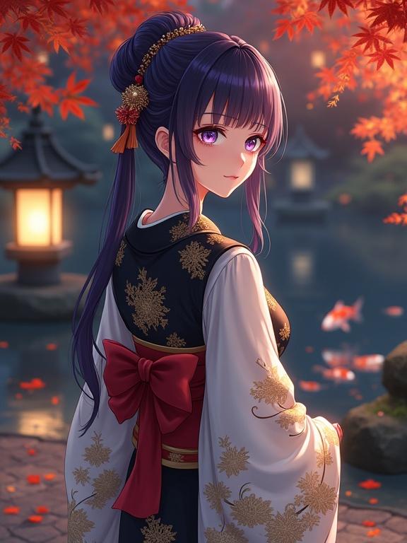 Image features a full-body anime-style female character in a Japanese garden at night. The character has long dark violet hair styled with kanzashi. Her eyes are violet. She wears a luxurious kimono with intricate patterns. She stands by a koi pond surrounded by fallen autumn leaves. The scene is softly illuminated by lanterns, creating a peaceful atmosphere with reflections in the water.