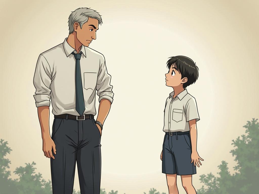 Older man in a formal outfit talks to a young boy in a school uniform. The background is soft with green foliage.
