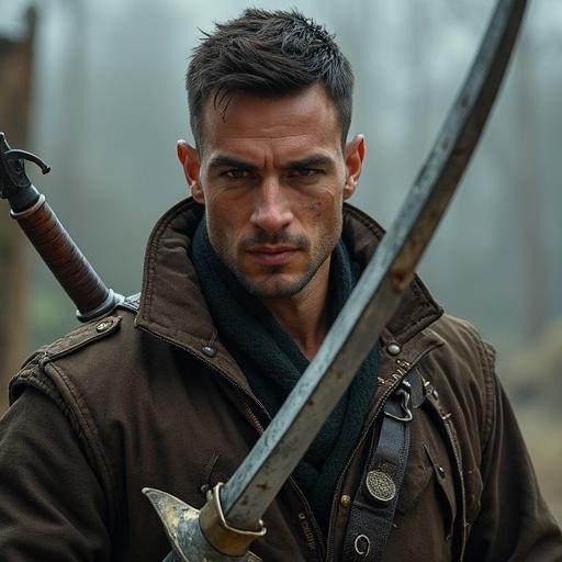 Handsome rogue in his 30s with scars on his face and short hair. Wielding scimitars in a forest setting, looking determined and intense.