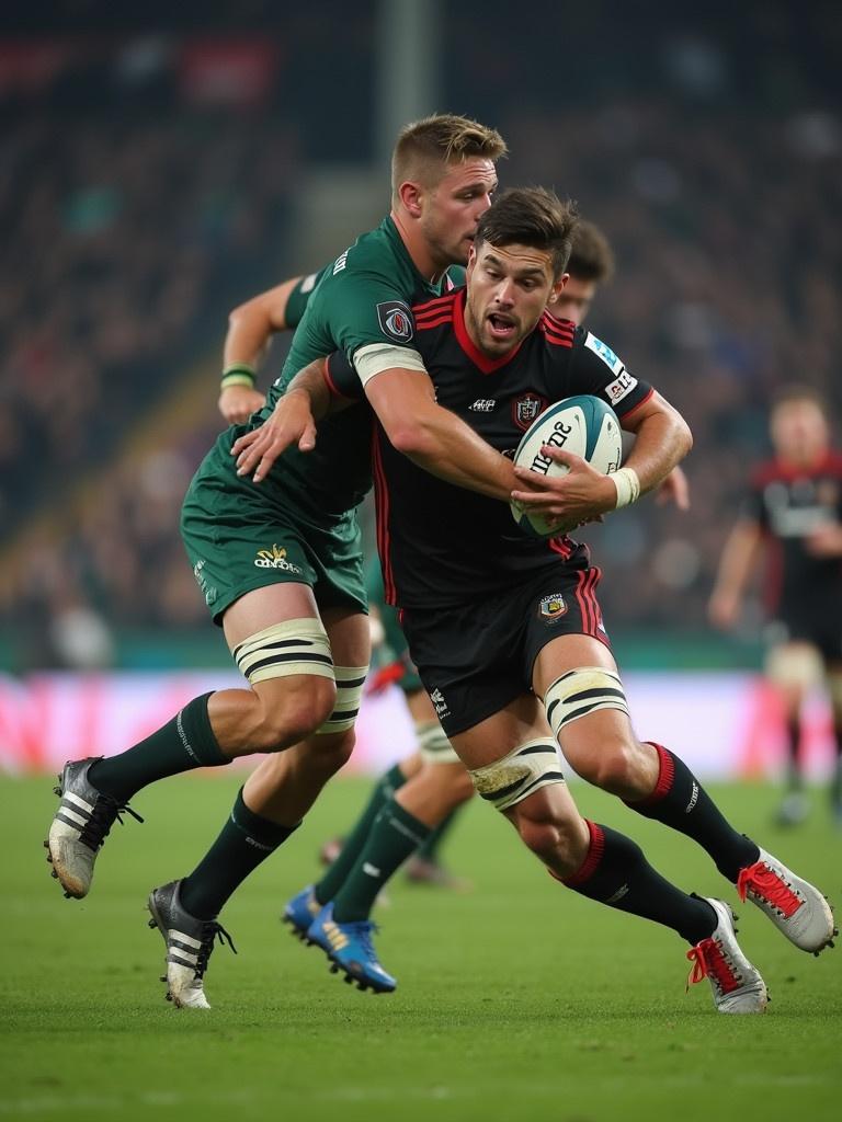 A rugby player is getting tackled around the legs during an exciting rugby match. The field is illuminated by stadium lights. Players are wearing their team jerseys. The atmosphere is intense with spectators in the background. The focus is on the action of the tackle.