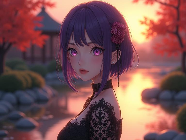 Portrait of a woman in anime style inspired by Hitagi Senjougahara. She has sharp facial features and deep violet eyes. Short violet hair with a flower hairpin. Gothic lace dress with embroidery. Background is a Japanese garden at sunset with a koi pond and tea house.