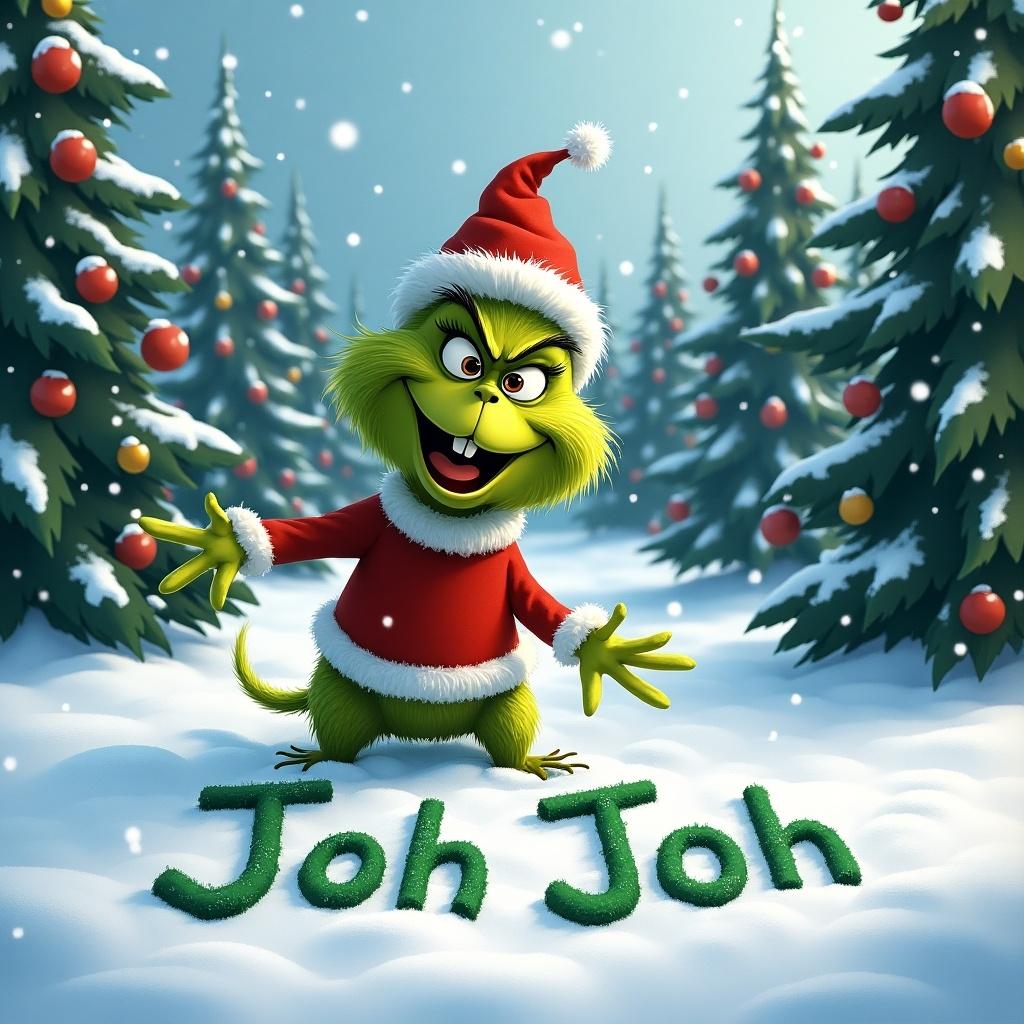 The Grinch is outside in a snowy winter scene. Surrounded by Christmas trees. The Grinch writes 'Joh-Joh' in the snow.