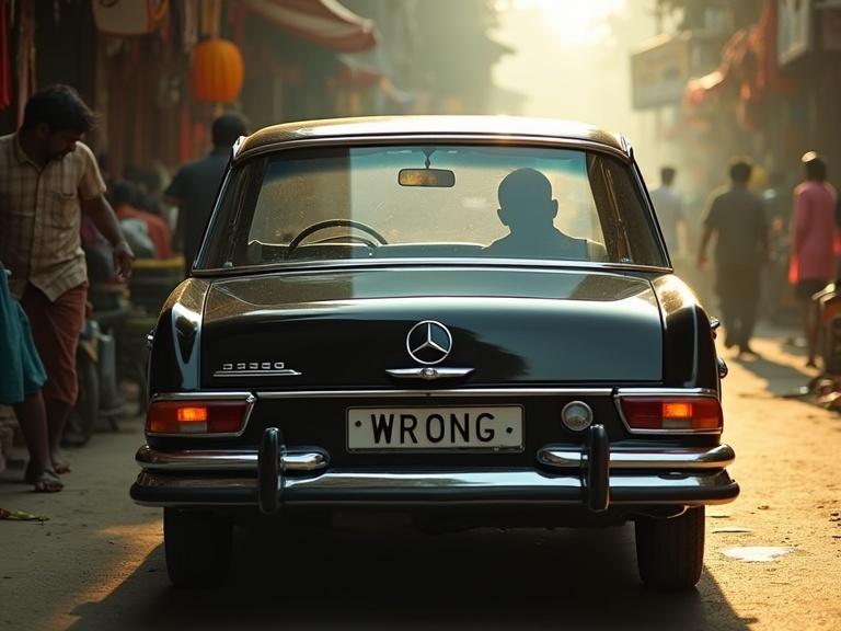 Left-side view of a black vintage Mercedes parked on an Indian market street. All four doors closed. Rear left window is rolled down showing a shadow inside. Driver visible through windshield. Notable license plate says 'WRONG'. Surrounding vibrant market life with colorful stalls and pedestrians in warm sunlight. Chrome reflects outside scenes. Closed structure contrasts with open window, creating tension.