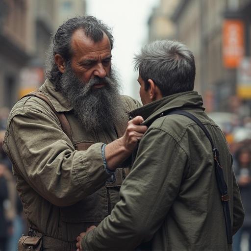Two men engaging in serious conversation. One man has a thick beard. The scene is set in a street with blurred figures in the background.