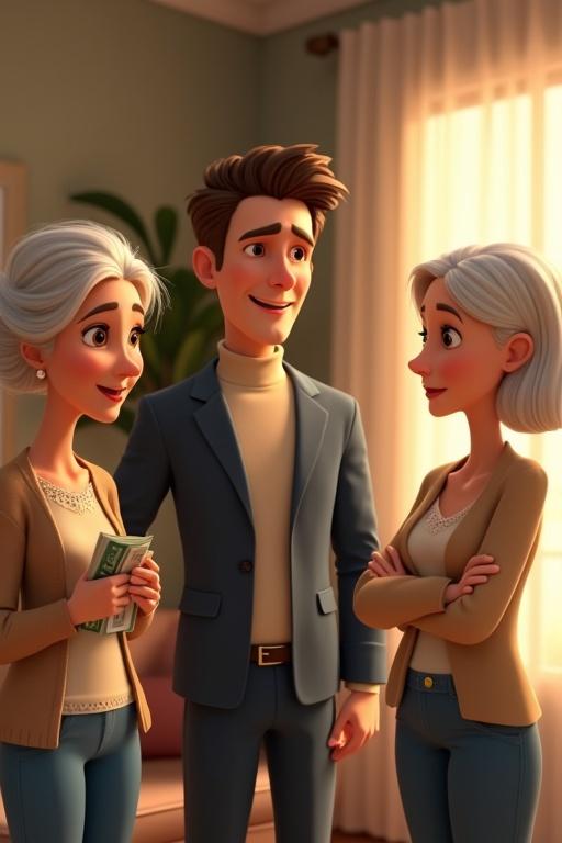 A stylized cartoon scene in a Pixar-style 3D animated universe set in a modern living room with golden afternoon light. The scene includes a handsome man in a navy blazer and beige turtleneck, an elderly mother with short silver hair holding banknotes, and a displeased wife with platinum blonde hair and crossed arms. The man reassures his mother with warmth and love.