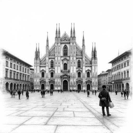 Pencil sketch in black and white of Piazza del Duomo in Milan featuring the cathedral and people in the plaza.