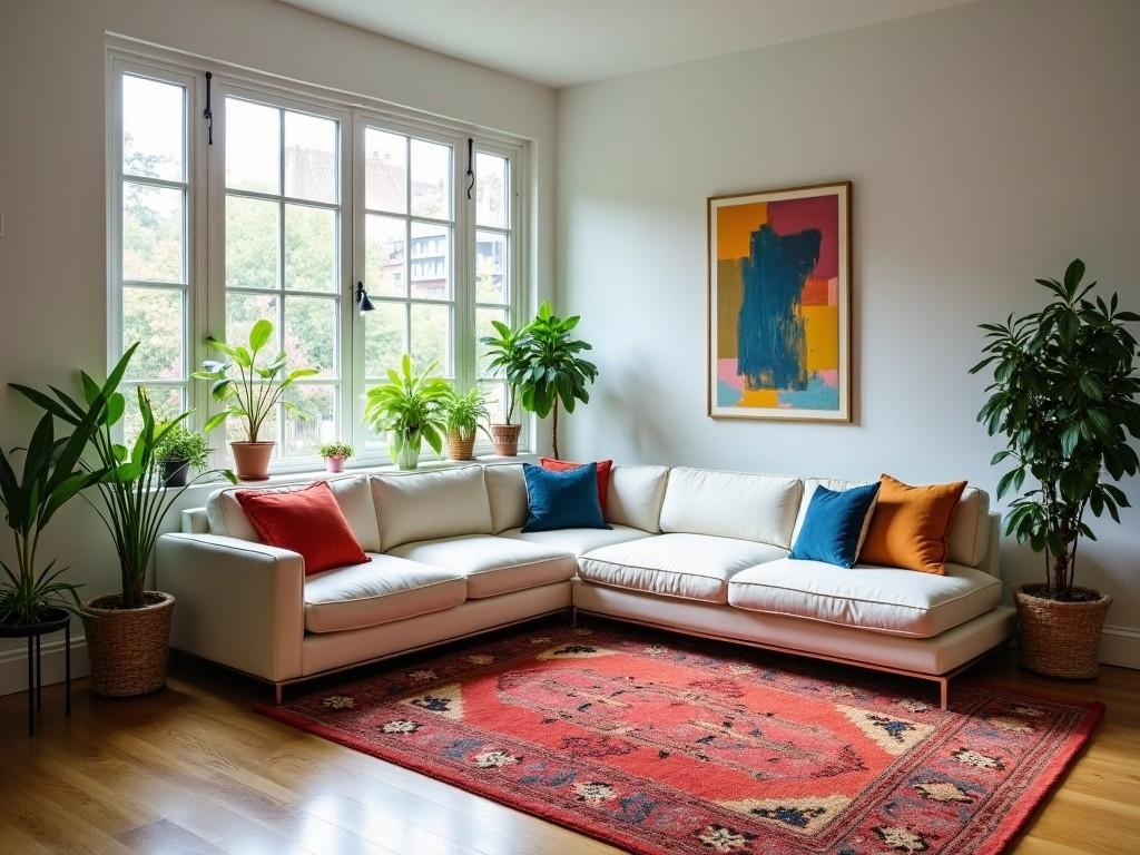 This image showcases a beautifully designed living room with a modern aesthetic. A sectional sofa adorned with colorful pillows in shades of blue and orange serves as the focal point. Surrounding the sofa are lush green plants in decorative pots, adding a touch of nature to the space. A vibrant area rug adds warmth to the hardwood floor. Large windows bring in plenty of natural light, creating a welcoming and bright atmosphere.