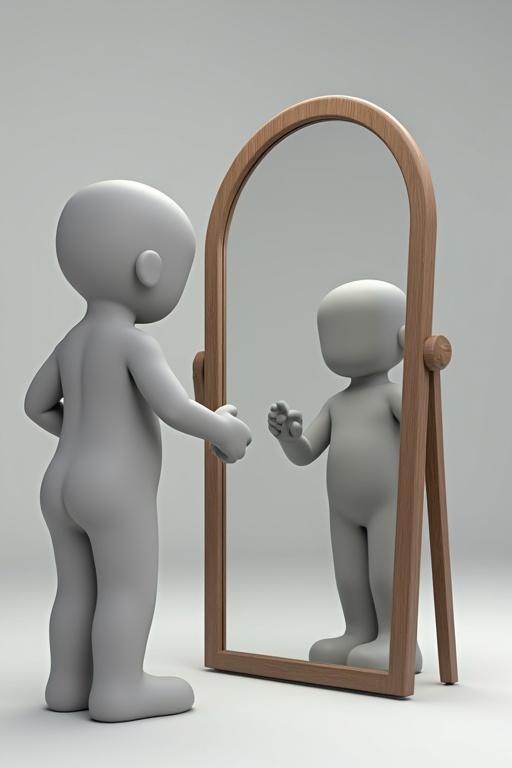 2D stick figure character stands in front of a mirror. Character appears serious looking at reflection. Simple gray character and wooden mirror.